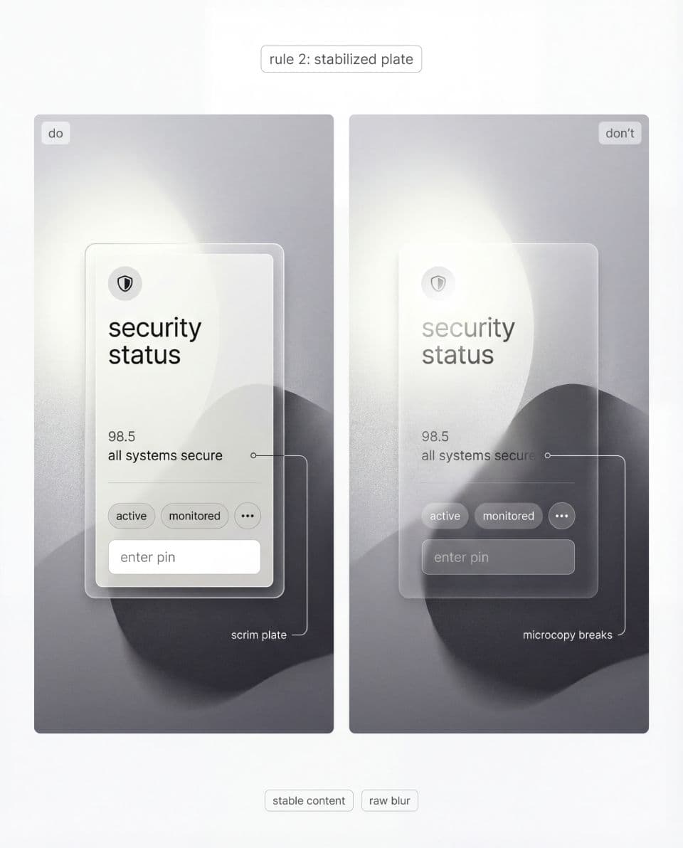 Stabilize text and icons with a dedicated plate in liquid glass UI