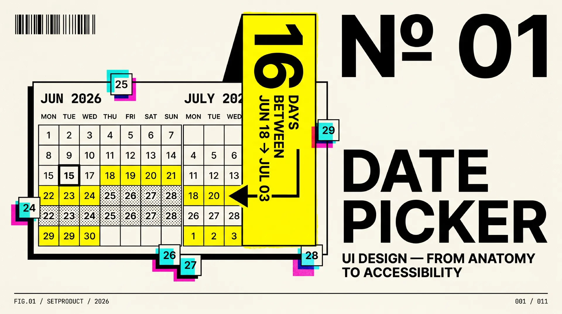Date picker UI anatomy with a calendar popover, month and year navigation, a selected range highlight, preset shortcuts, and a text input trigger