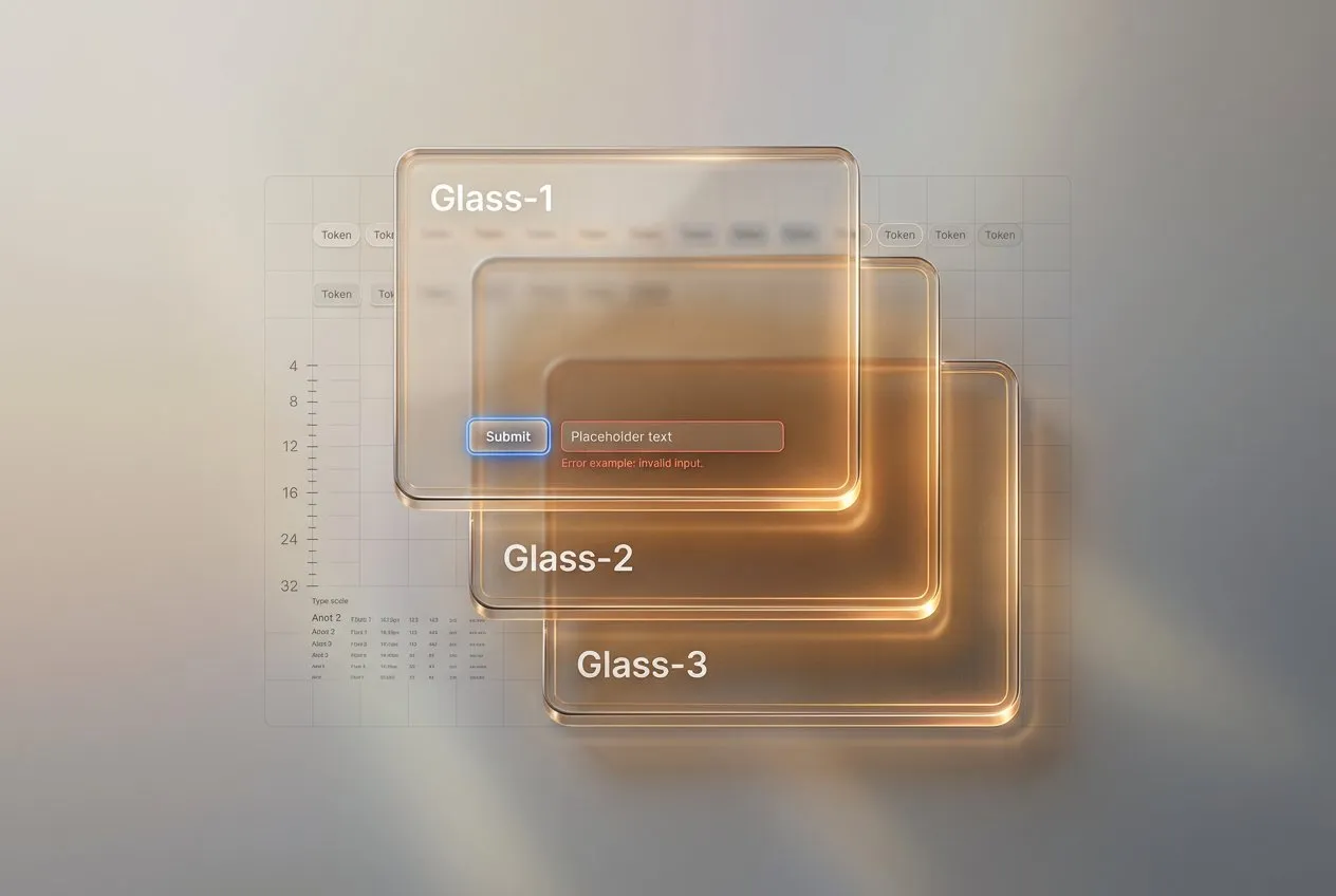 Liquid glass is a layered surface that keeps the background perceptible, keeps content stable, and behaves predictably across tiers, states, and stress tests