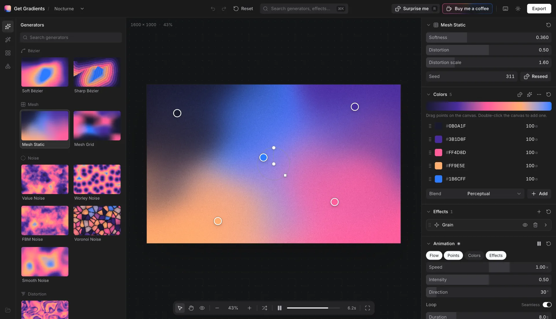 The Get Gradients editor with a noise gradient building on a large canvas