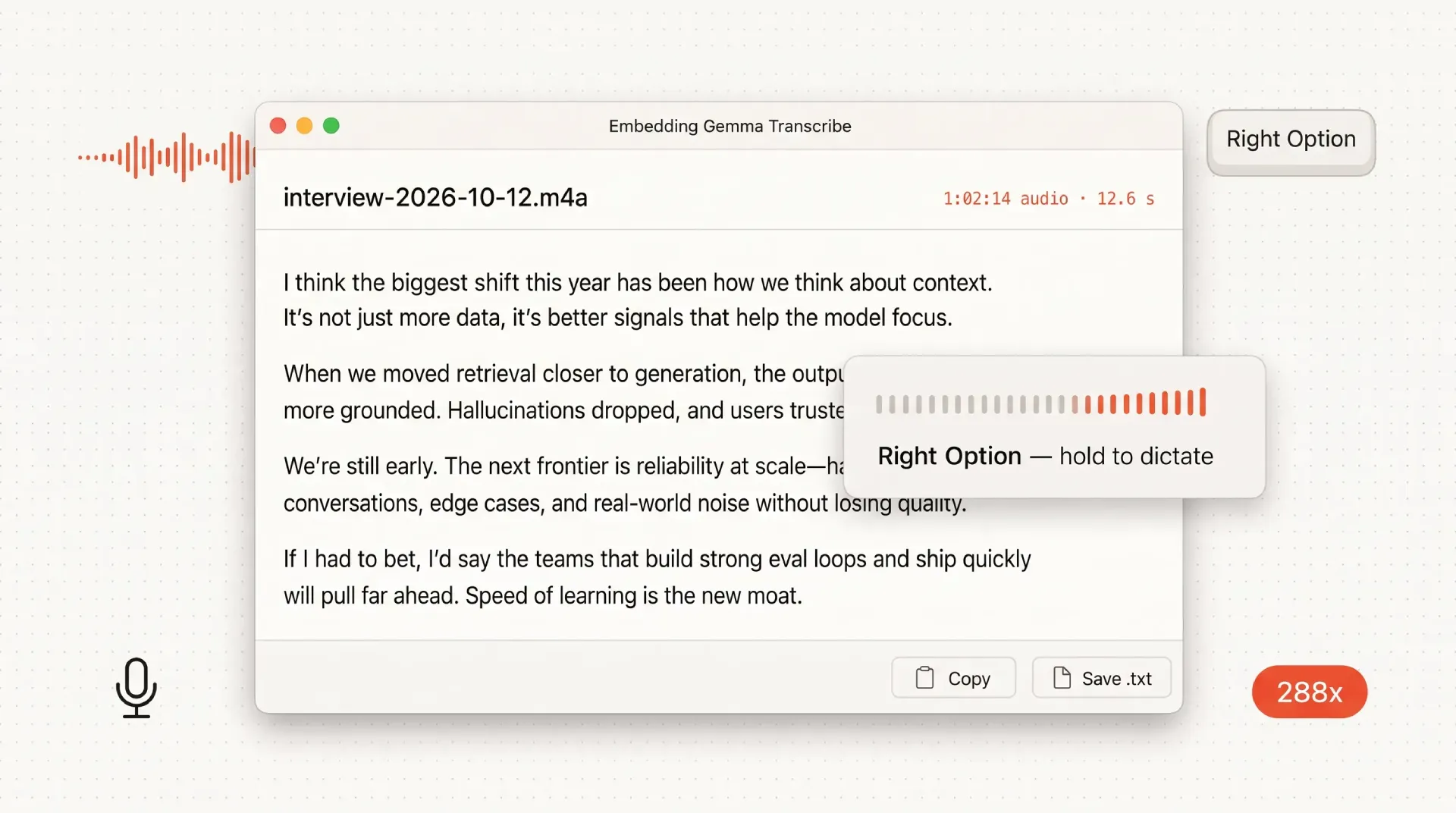 The Embedding Gemma Transcribe window on a Mac with a dropped audio file