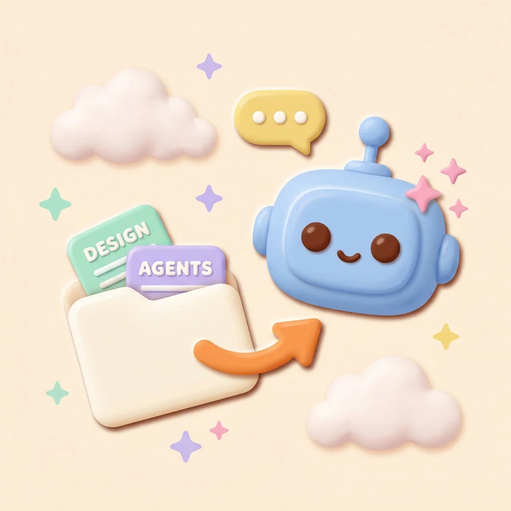 A cheerful clay robot beside a folder holding DESIGN and AGENTS files, an AI agent about to edit a template's design system and rules