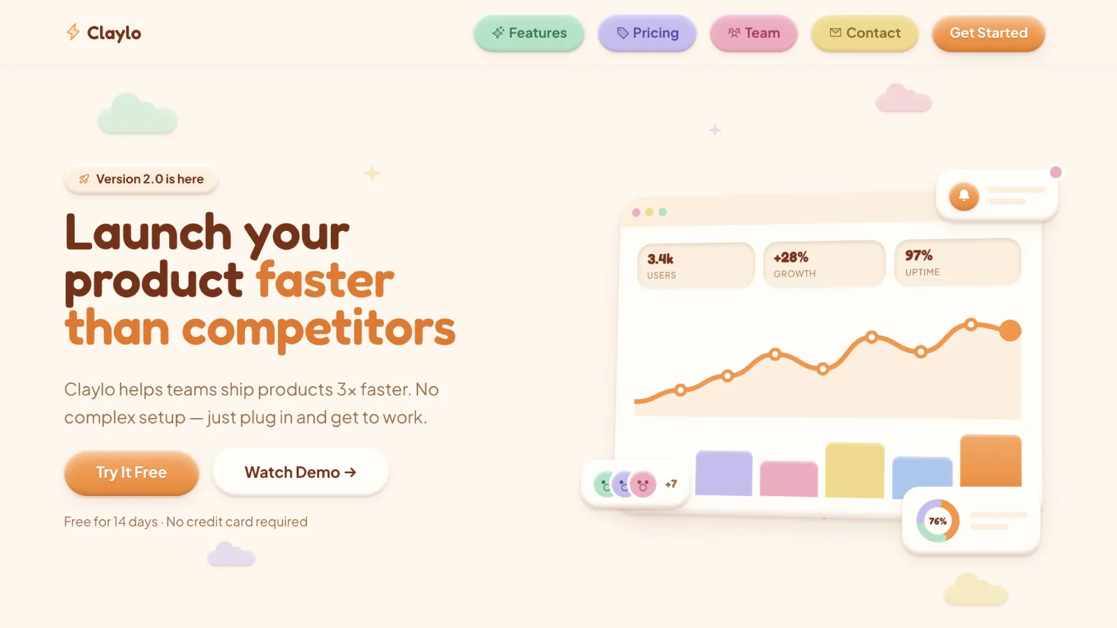 The Claylo hero in claymorphism style: a soft clay Launch your product faster than competitors headline, pastel pill navigation, and a squishy dashboard scene with charts and stats