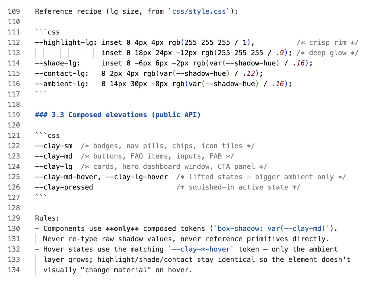 The DESIGN.md shadow architecture: raw highlight, shade, contact, and ambient primitives composing into the public clay-sm, clay-md, and clay-lg elevation tokens components actually use