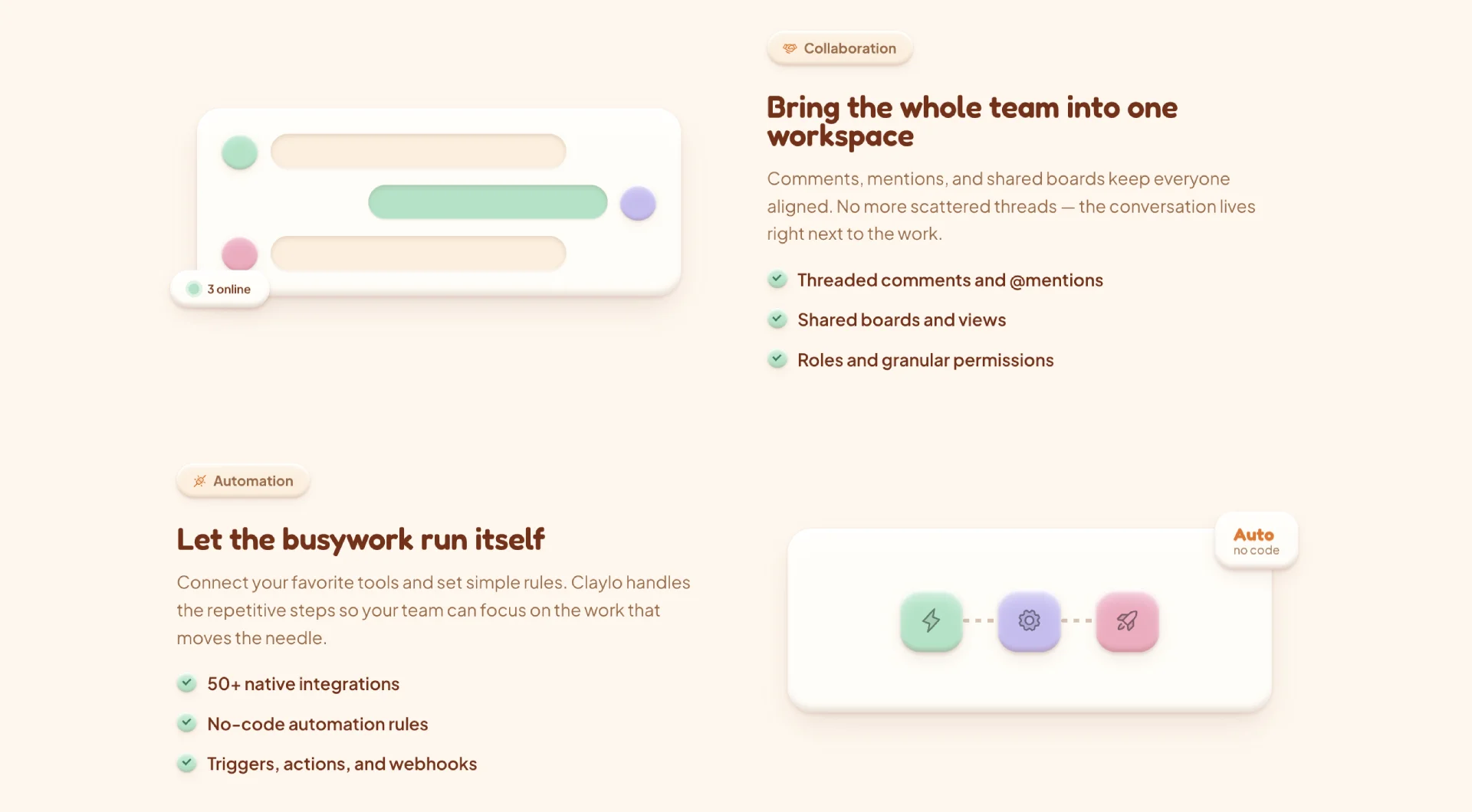 Two Claylo feature scenes drawn entirely in CSS and SVG: a collaboration panel with a 3 online badge and pastel comment rows, and an automation flow of clay tiles wired lightning to gear to rocket under an Auto no-code chip