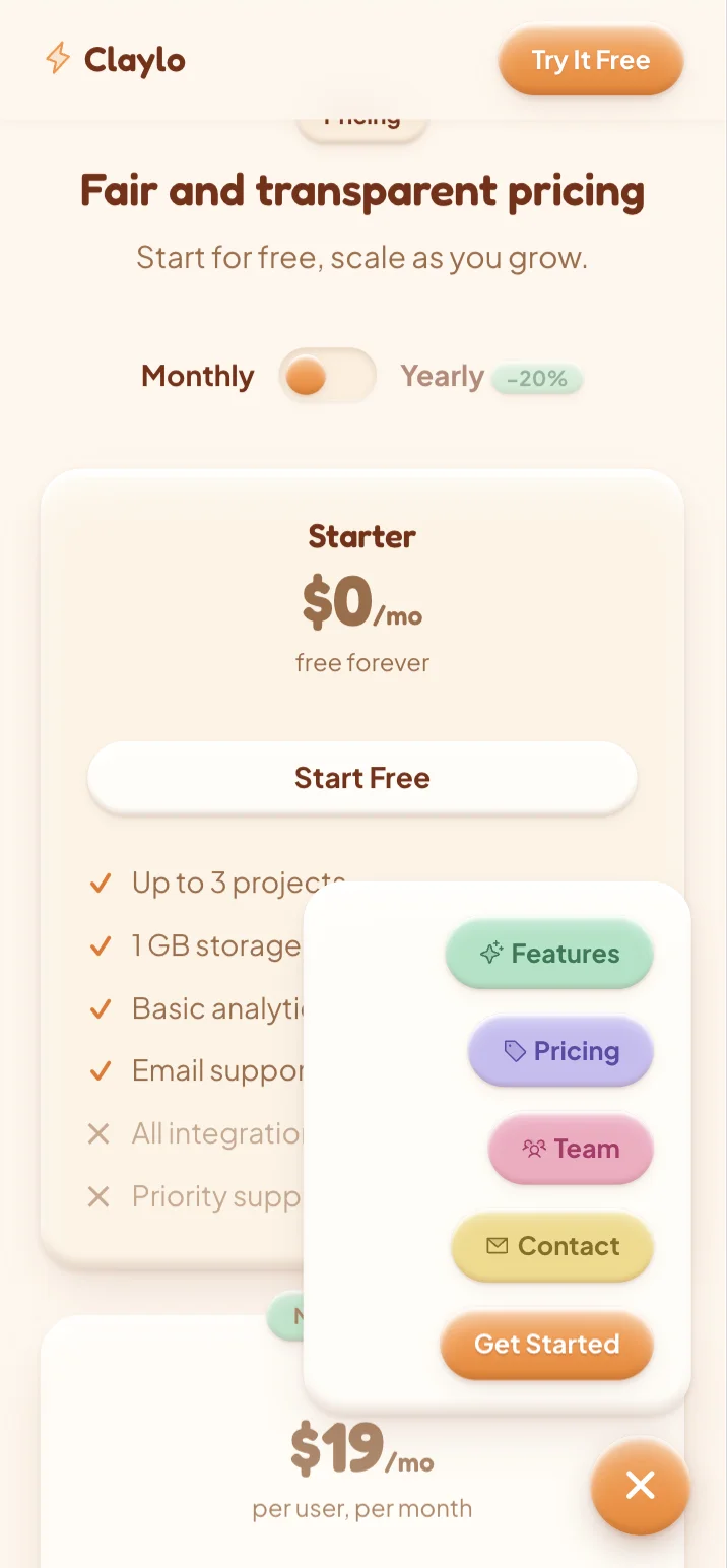 Claylo pricing page on mobile: a Fair and transparent pricing heading, a monthly-to-yearly billing toggle, a free-forever Starter card, and the open clay navigation menu with Features, Pricing, Team, Contact, and Get Started pills