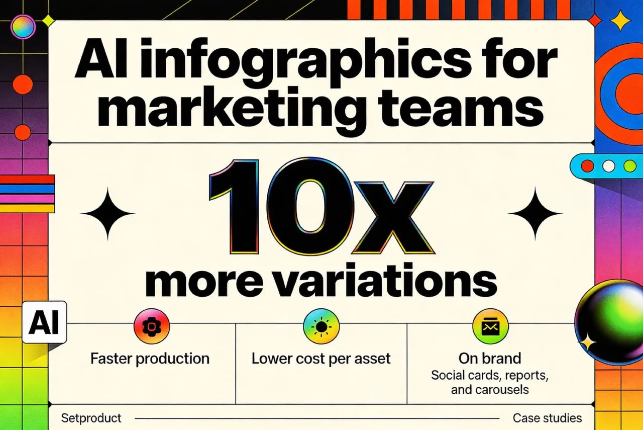 A colorful cover card promising ten times more infographic variations for marketing teams