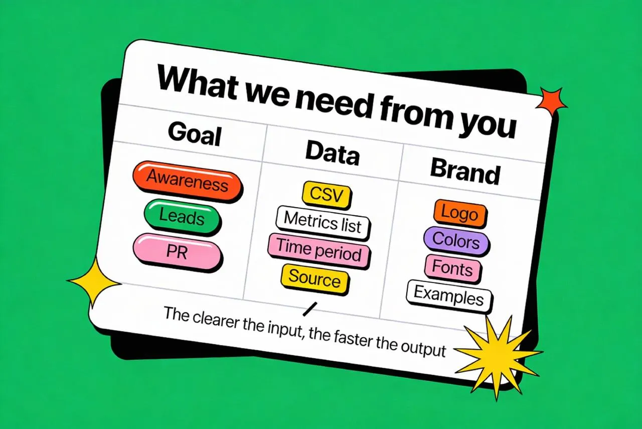 A clean client intake checklist with metrics and brand references