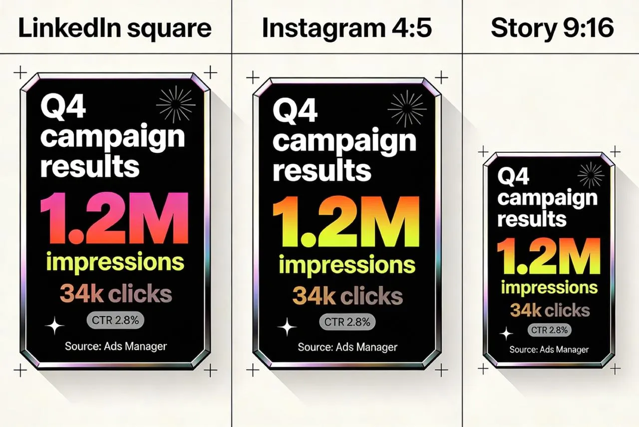The same Q4 campaign stat card adapted into three social media formats