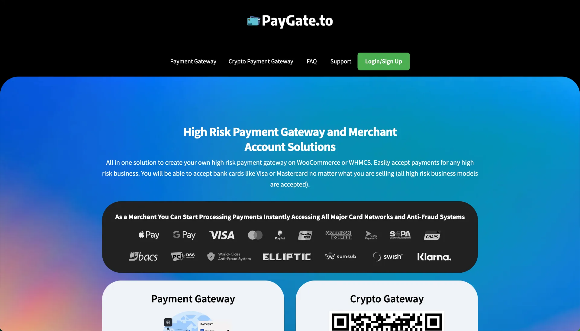 The PayGate.to landing page headlined high risk payment gateway and merchant account solutions, describing an all in one way to accept Visa and Mastercard on WooCommerce or WHMCS, with a row of supported networks including Apple Pay, Google Pay, Visa, and a crypto gateway panel
