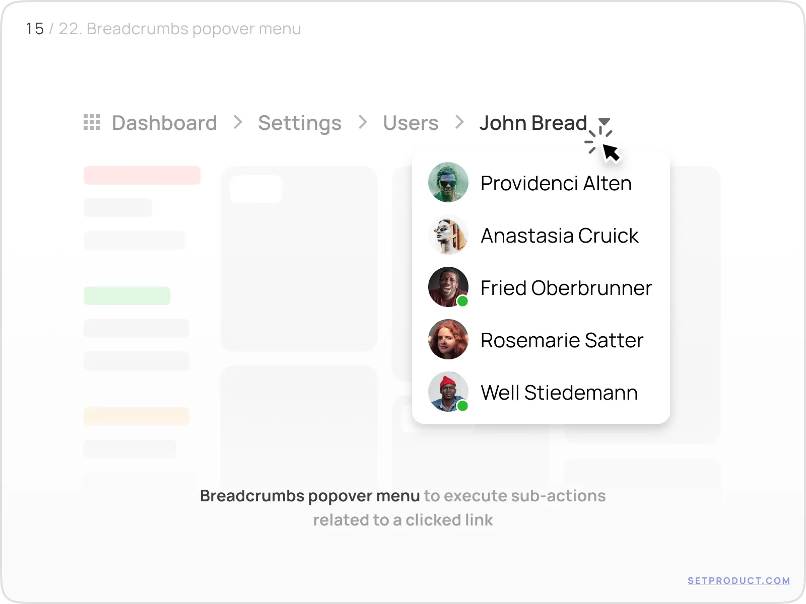Breadcrumbs example illustrating breadcrumbs with popovers: actions on click