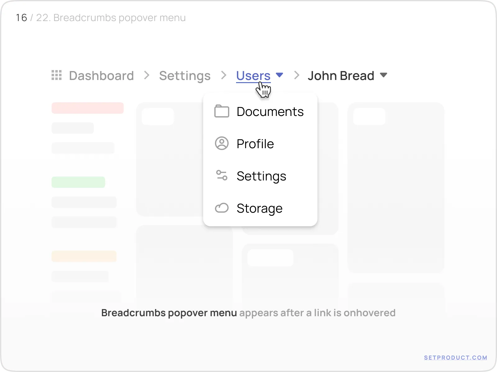 Breadcrumbs hover-triggered submenus shown in example