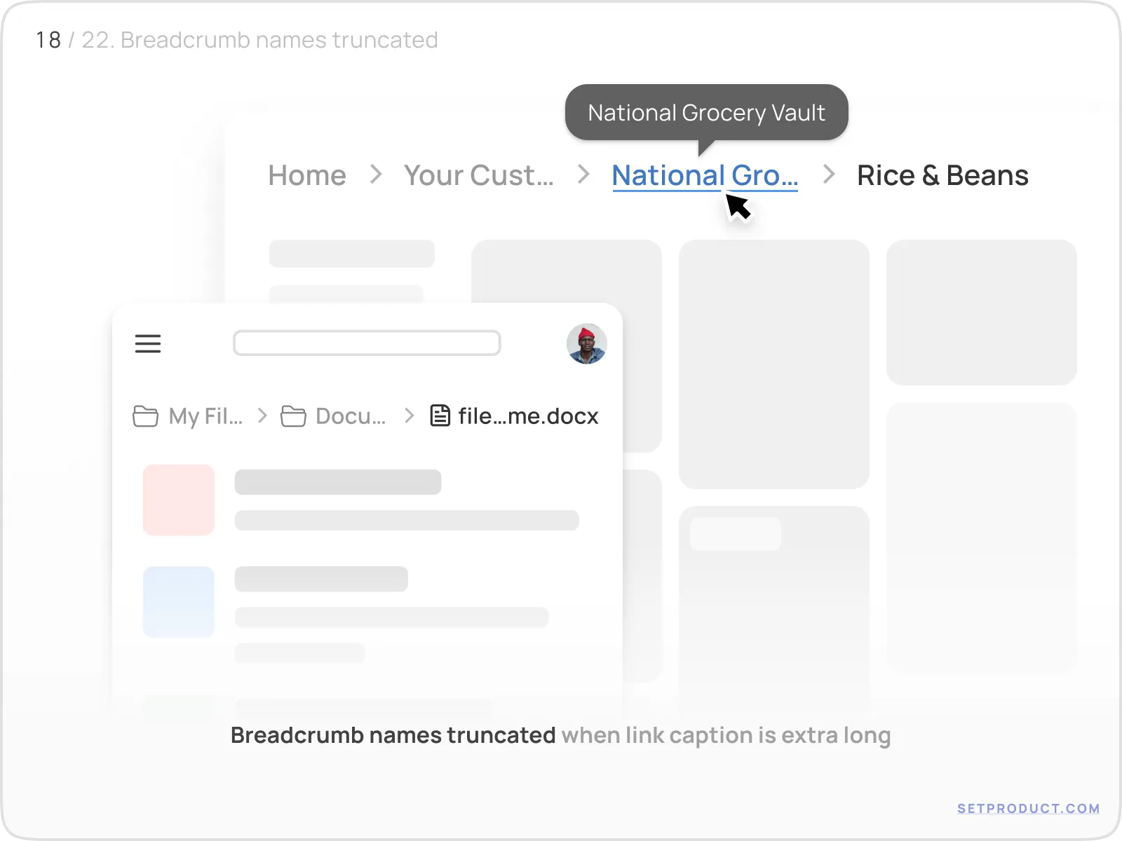 Breadcrumbs example illustrating long breadcrumb labels with hard truncation