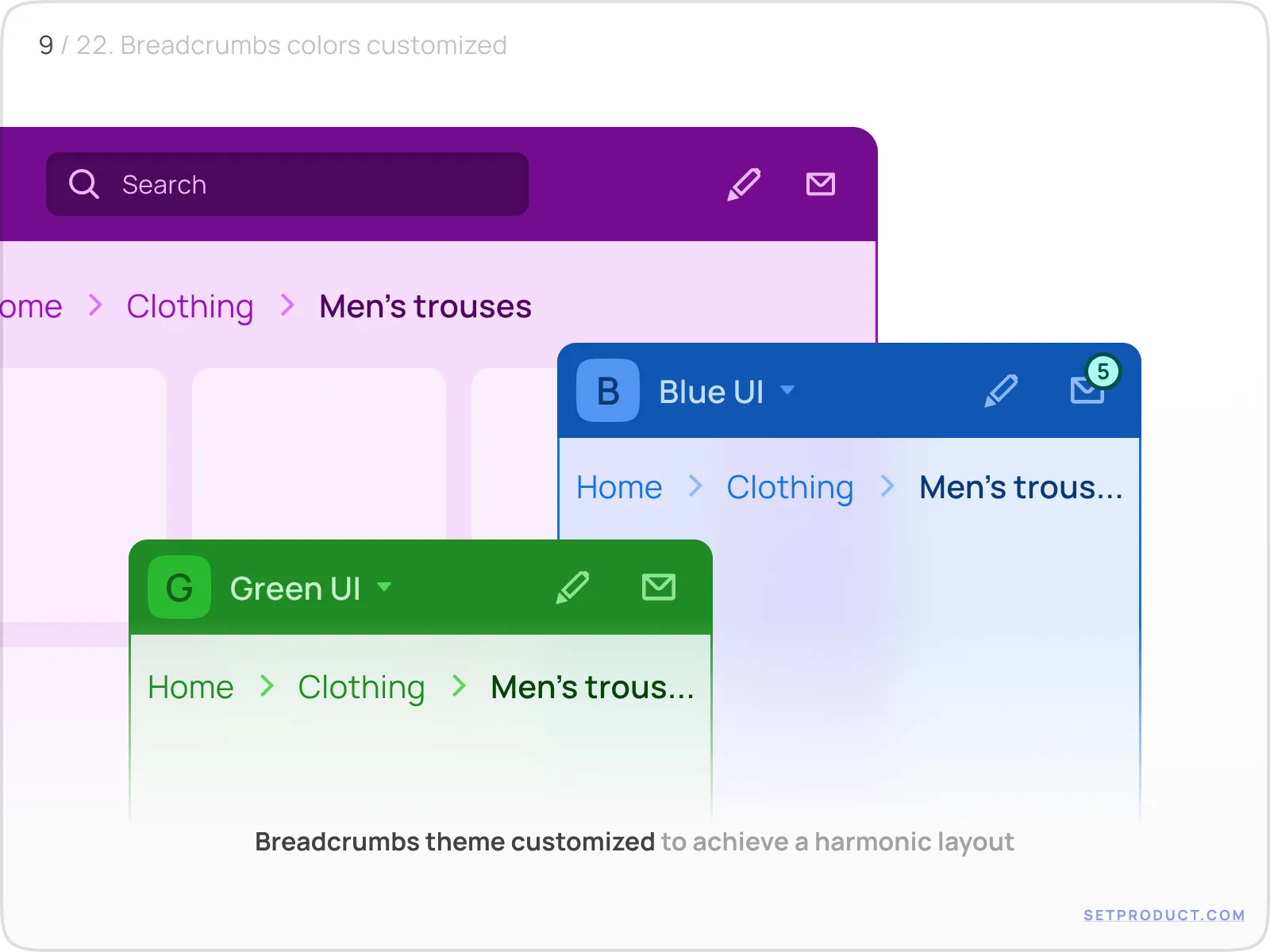 Breadcrumbs example illustrating theme application across ui systems