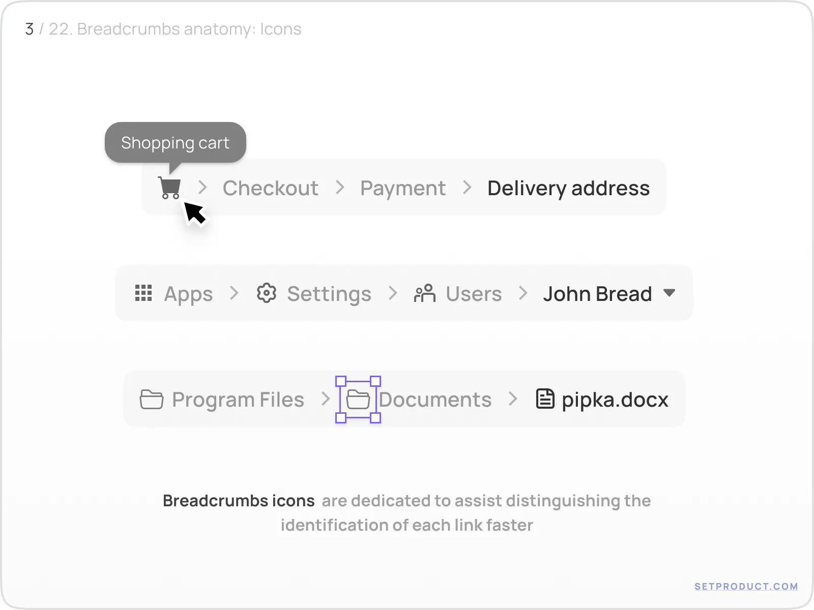 Breadcrumbs example illustrating icons inside breadcrumbs