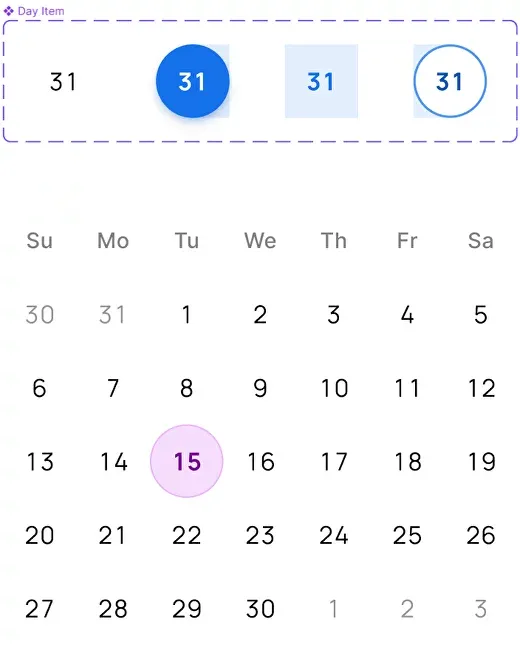 Calendar vs date picker anatomy diagram with key parts labeled