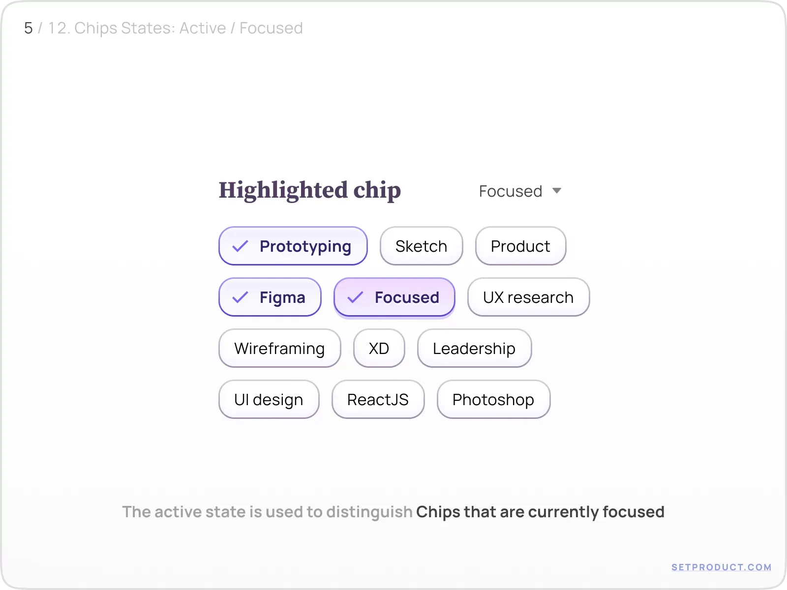 Focused chip highlighted with a light purple fill and checkmark
