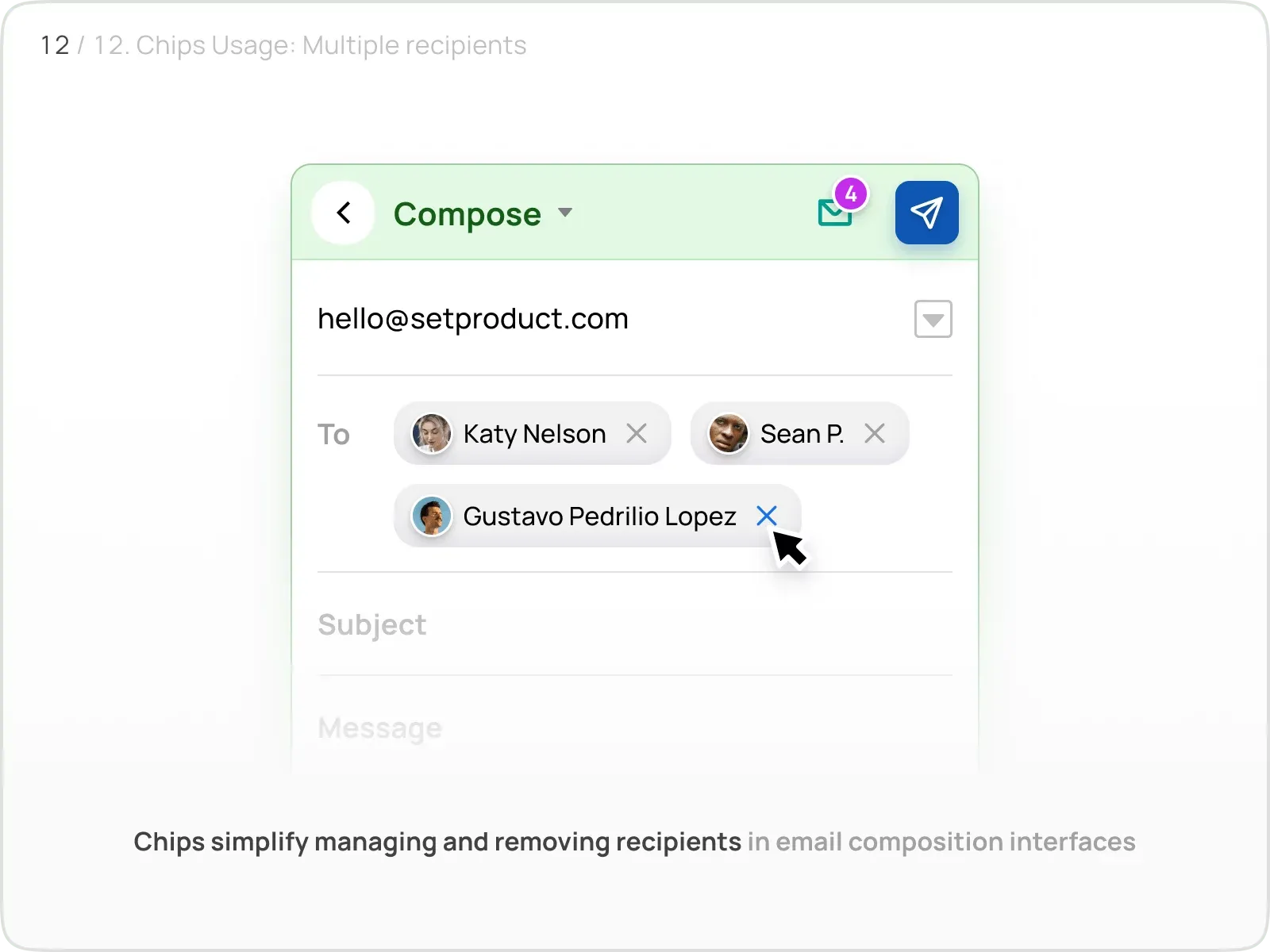 Chips used for multiple email recipients in a compose window