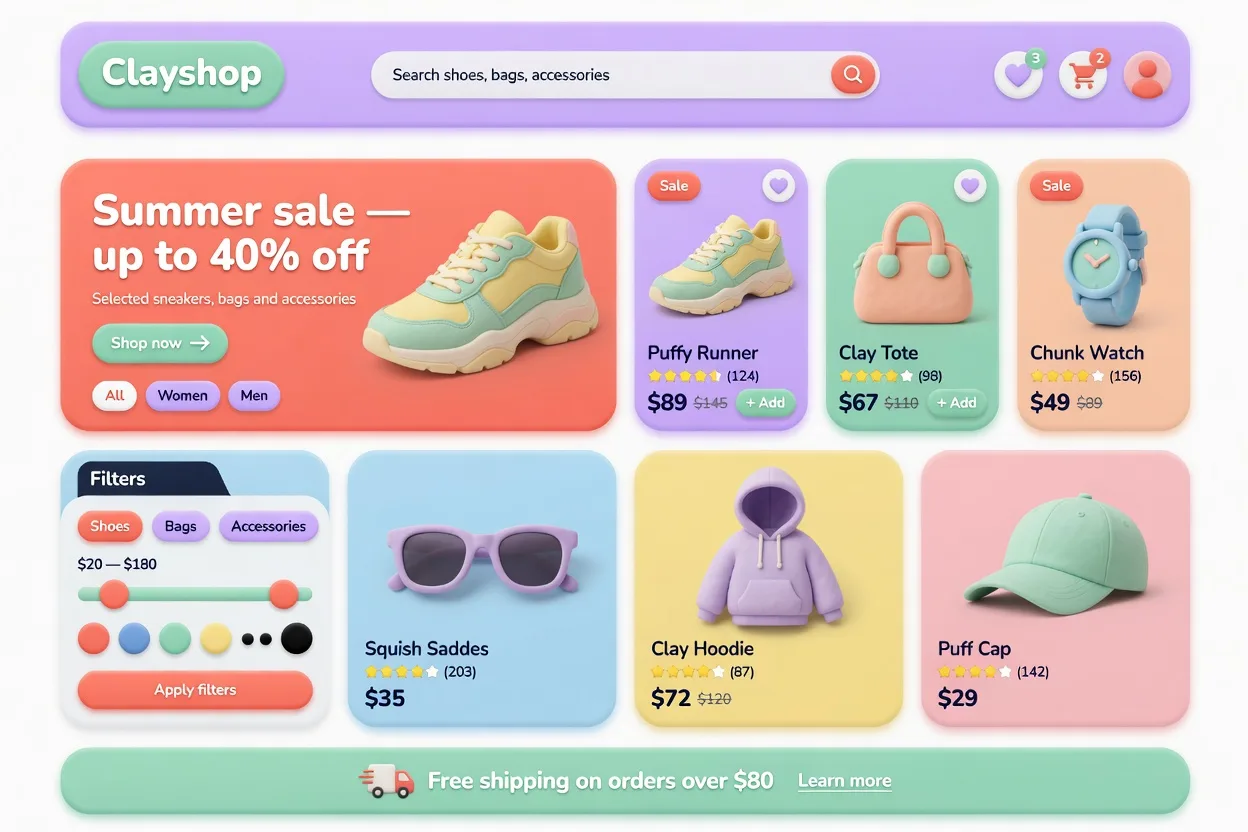 Claymorphism e-commerce storefront with pastel product cards and a summer sale banner
