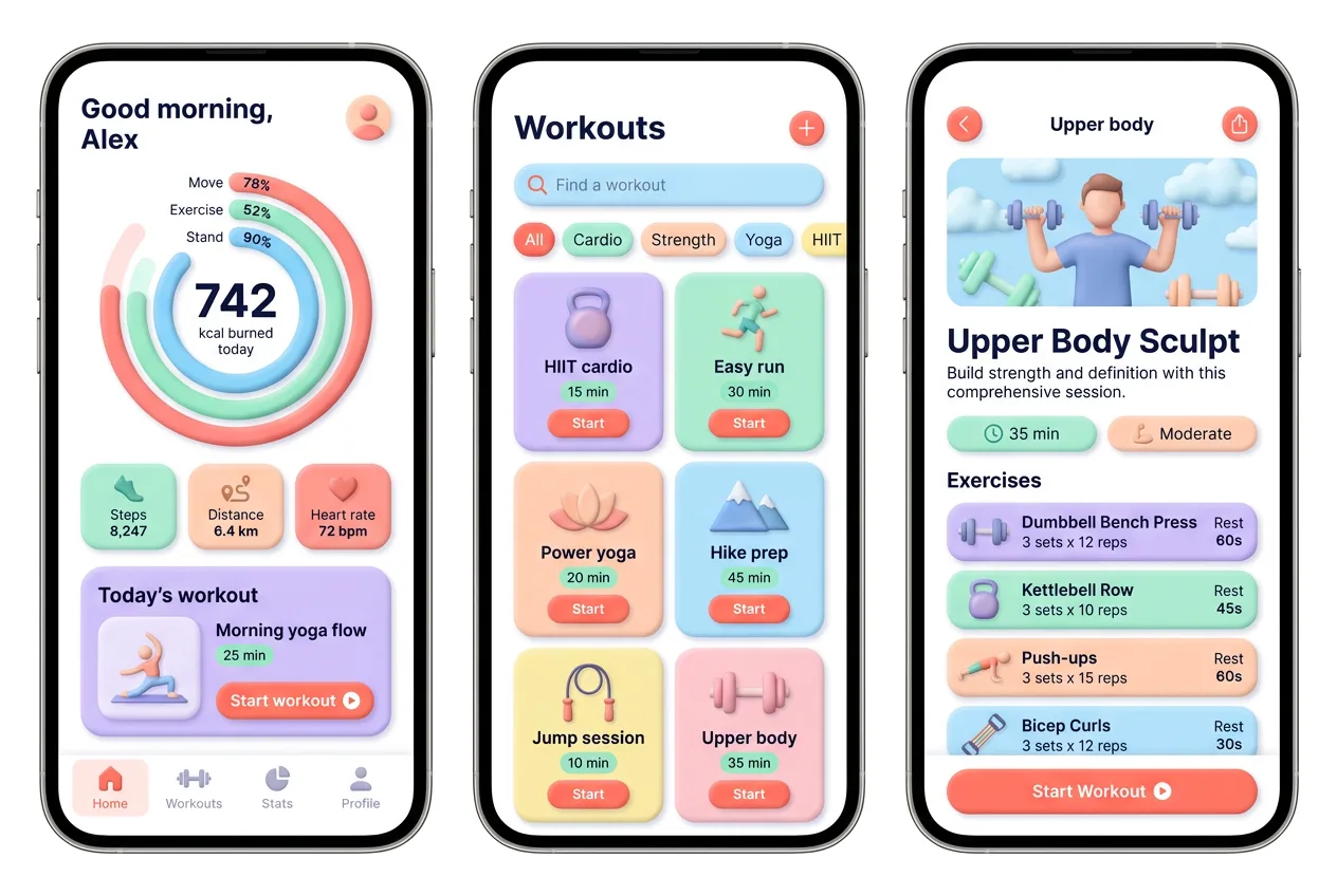 Claymorphism fitness app on three phones with activity rings and squishy workout cards