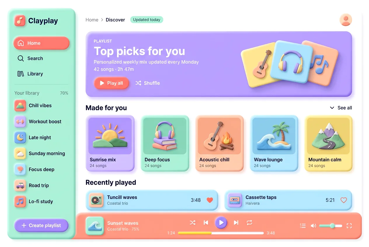 Claymorphism music streaming dashboard with playlist tiles and a soft player bar