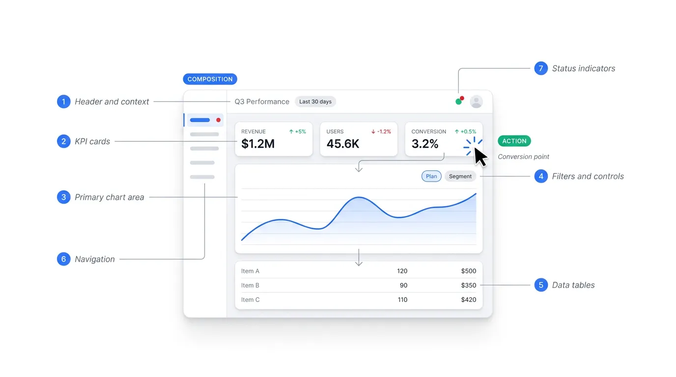 Anatomy of a modern dashboard with seven labeled parts: header and context, KPI cards, primary chart area, filters and controls, data tables, navigation, and status indicators