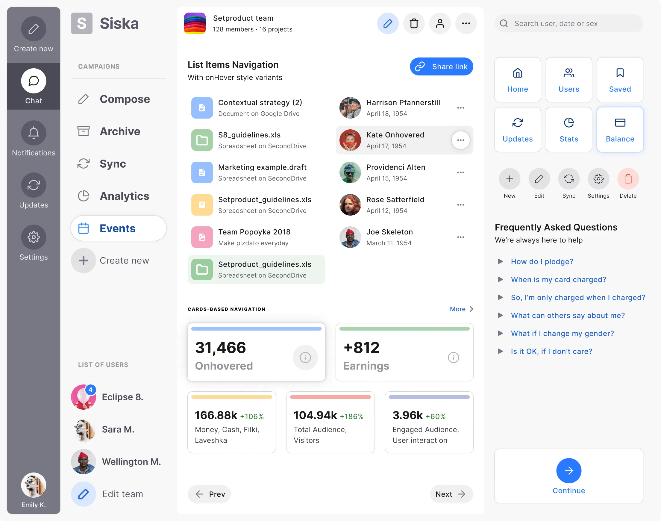 Sidebar navigation with statistic cards from the S8 design system