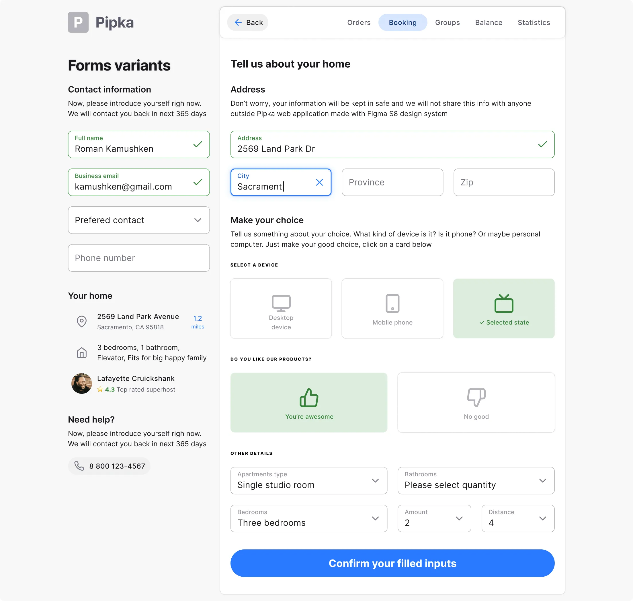 Inputs UI kit from the S8 design system