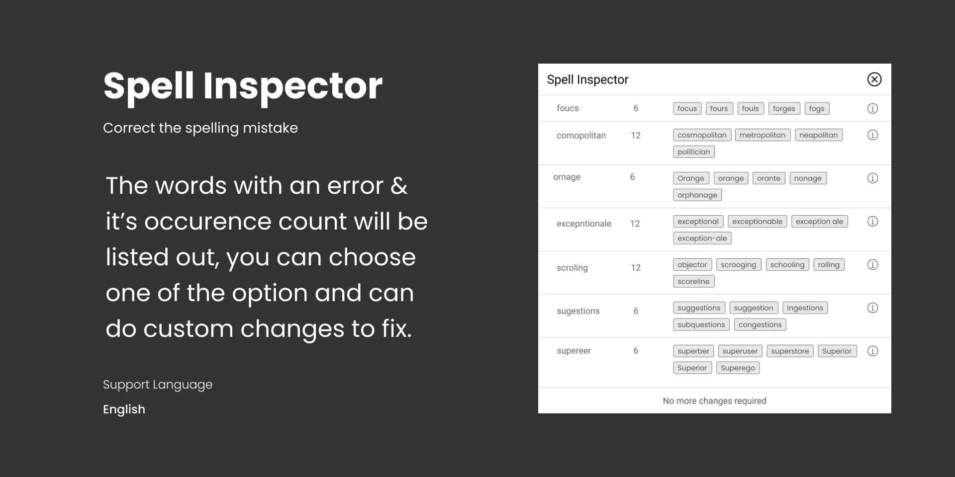 Spell Inspector plugin preview listing spelling suggestions