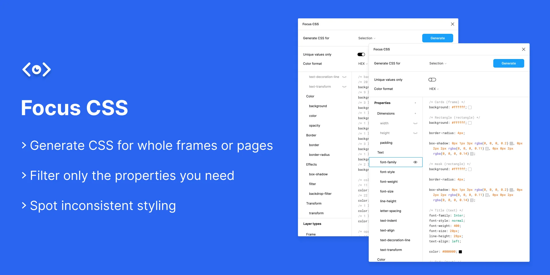 Focus CSS plugin preview generating CSS from a Figma file