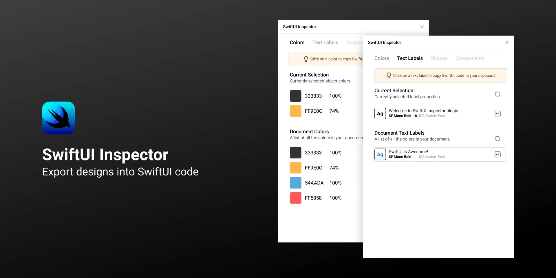 SwiftUI Inspector plugin preview exporting a design to SwiftUI code