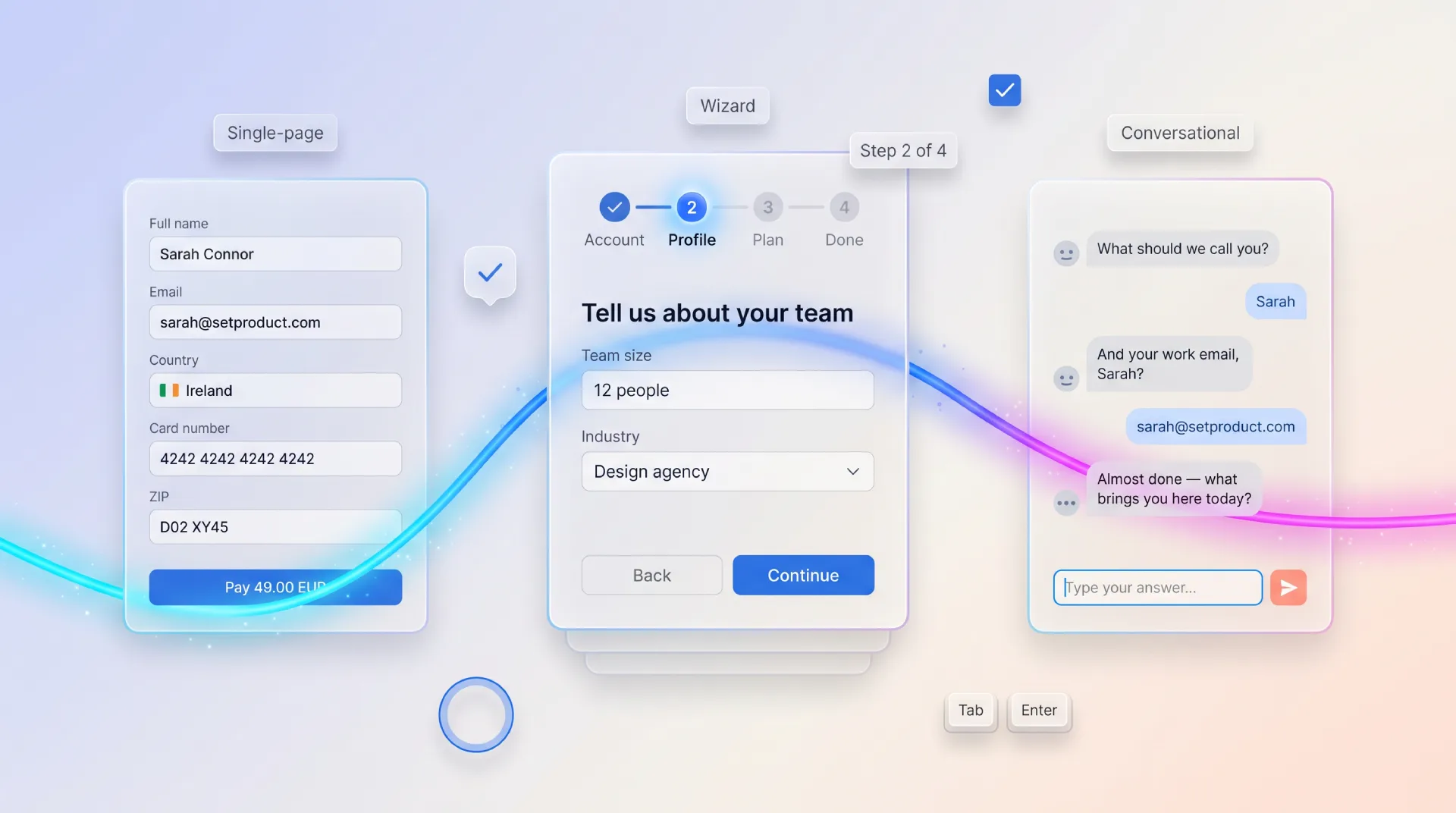 Single-page form, multi-step wizard, and conversational form compared side by side