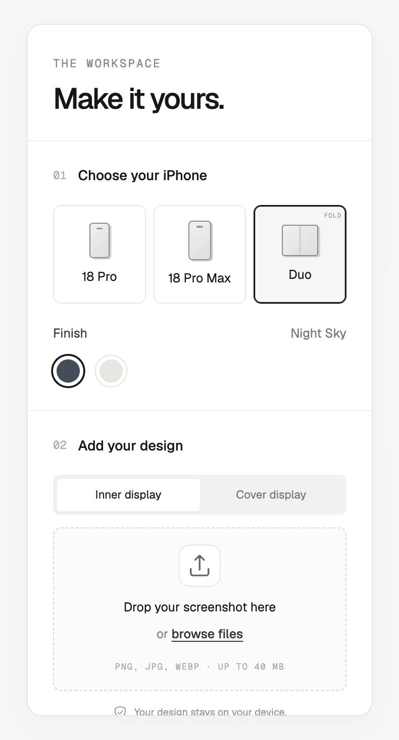 Settings panel with the 18 Pro, 18 Pro Max and Duo device cards, the Night Sky finish and the screenshot drop area