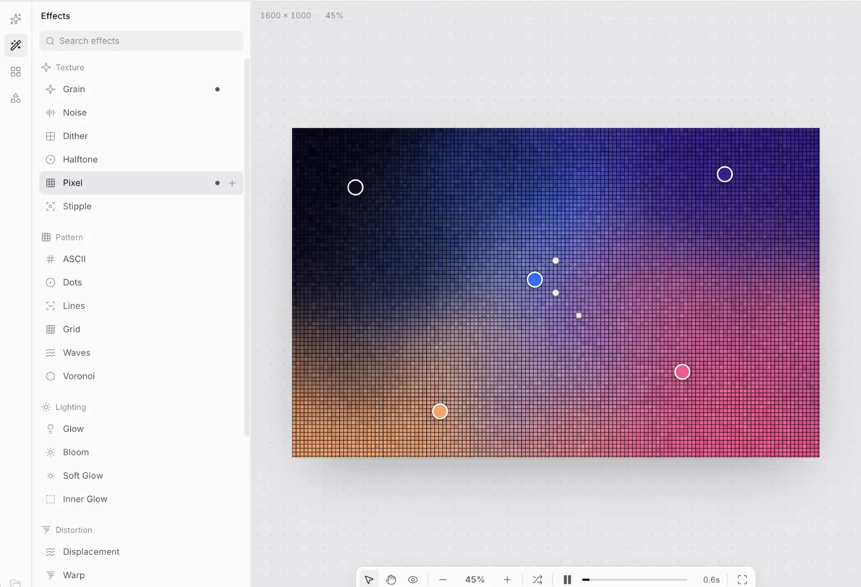 The Effects panel with Texture, Pattern, Lighting and Distortion groups