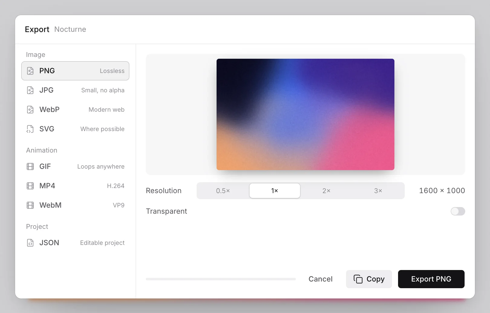 The Export dialog with formats, a resolution multiplier and a Transparent toggle