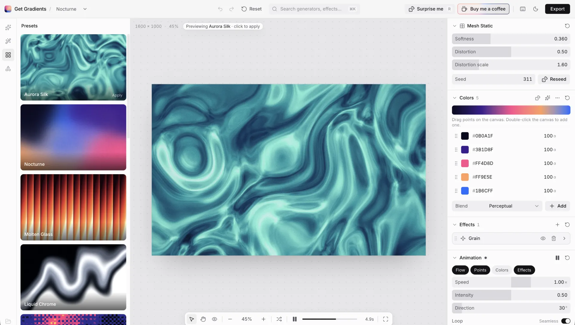 The editor with the Presets panel open and a teal gradient on the canvas