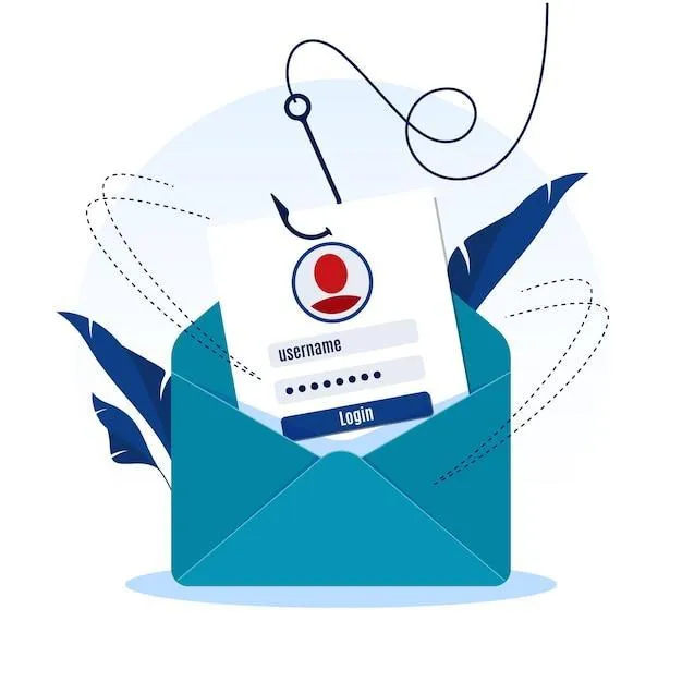 A phishing illustration of a login form inside an envelope caught on a fishhook