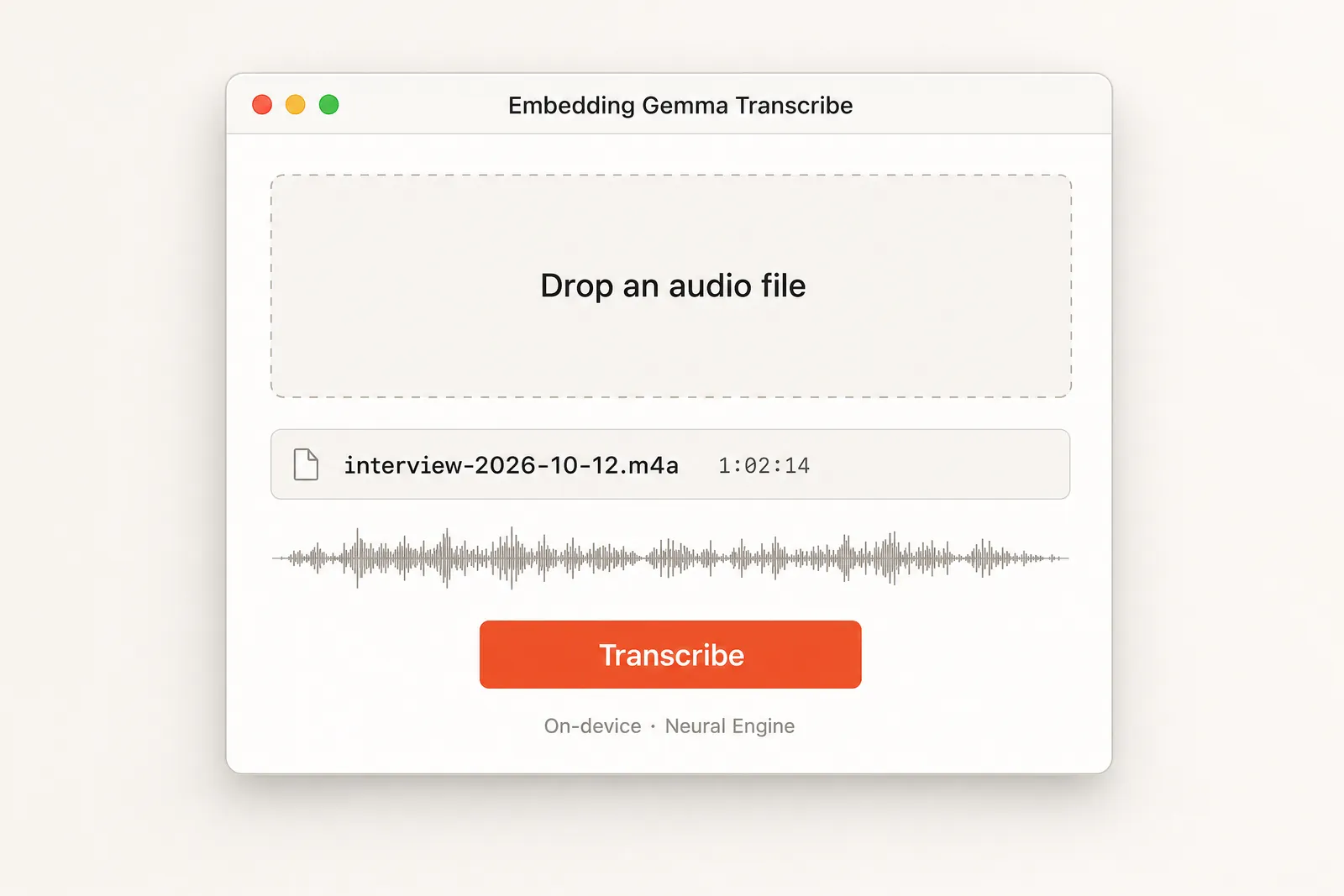 The main window with an audio file dropped in, showing the file name, its duration, a waveform strip and an orange Transcribe button.