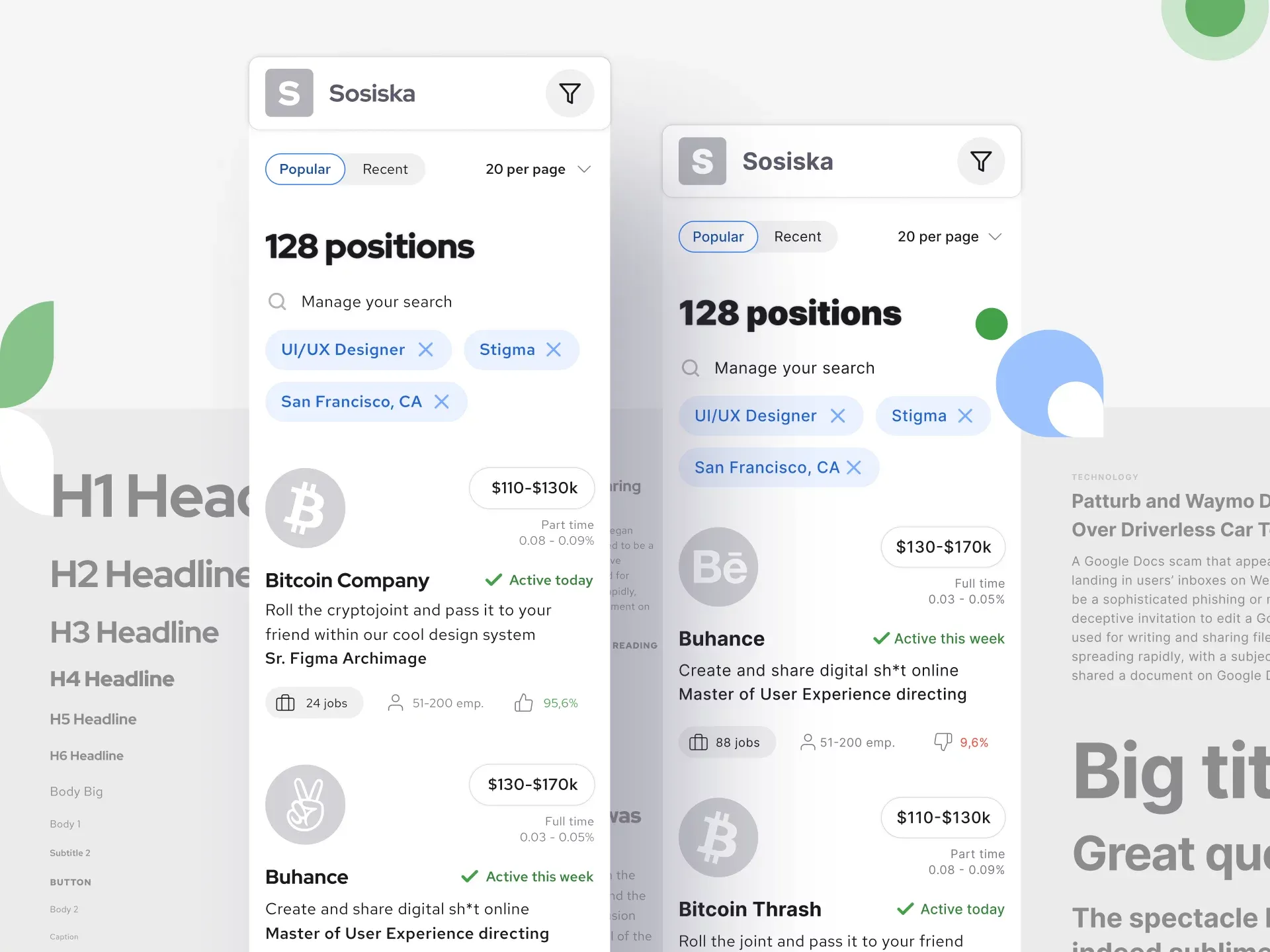 Mobile templates with search results
