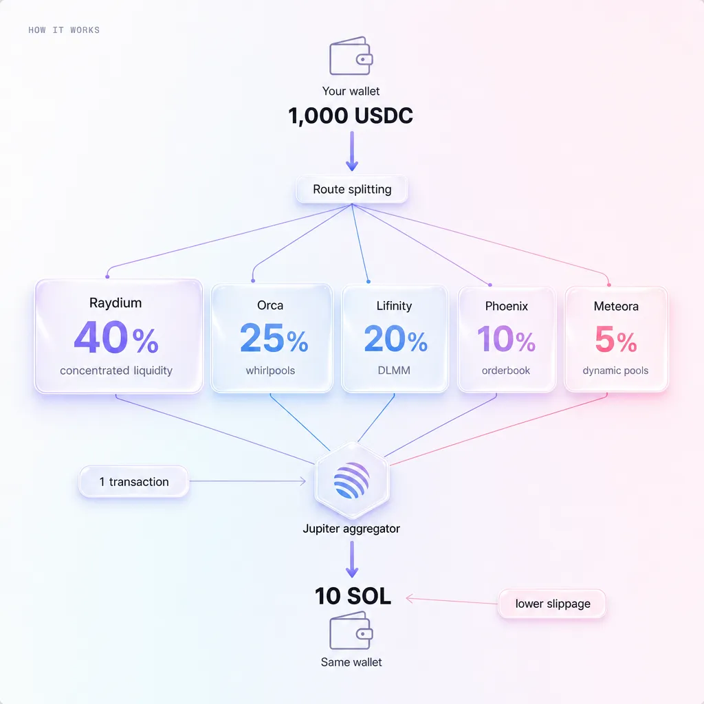 Jupiter splitting a 1,000 USDC order across Raydium, Orca, Lifinity, Phoenix, and Meteora into a single transaction for lower slippage