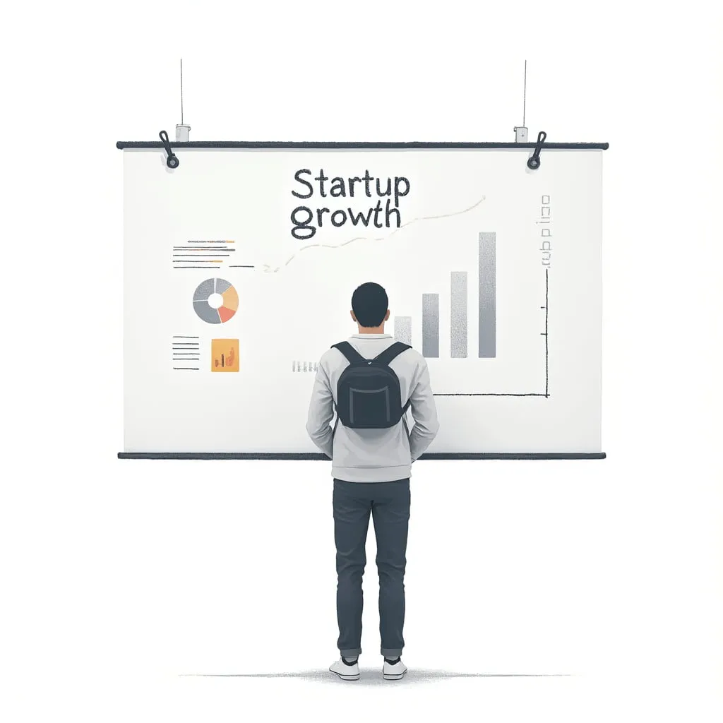 A person standing in front of a startup growth presentation board with charts