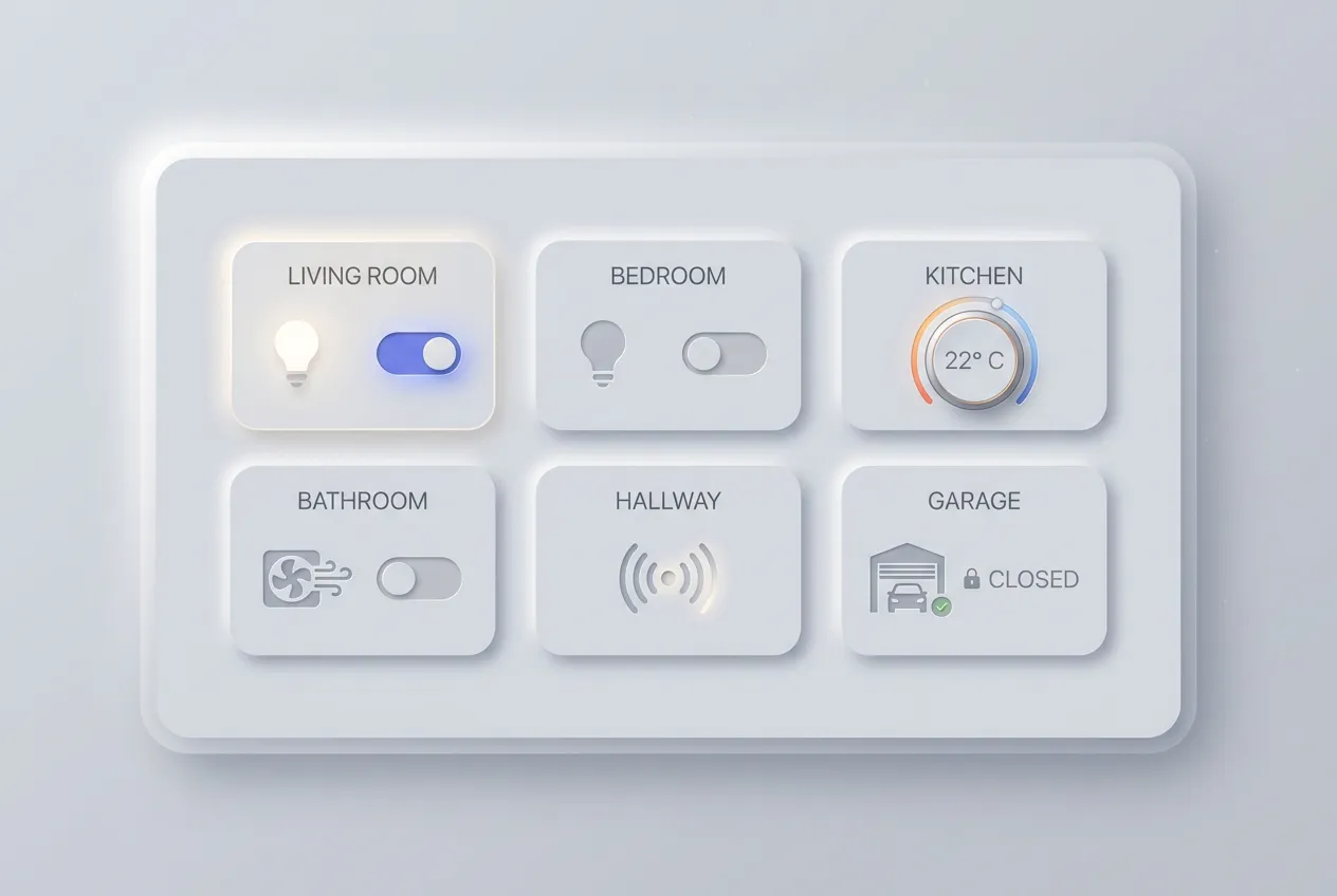 Neumorphism smart home dashboard with soft toggles for lights and temperature
