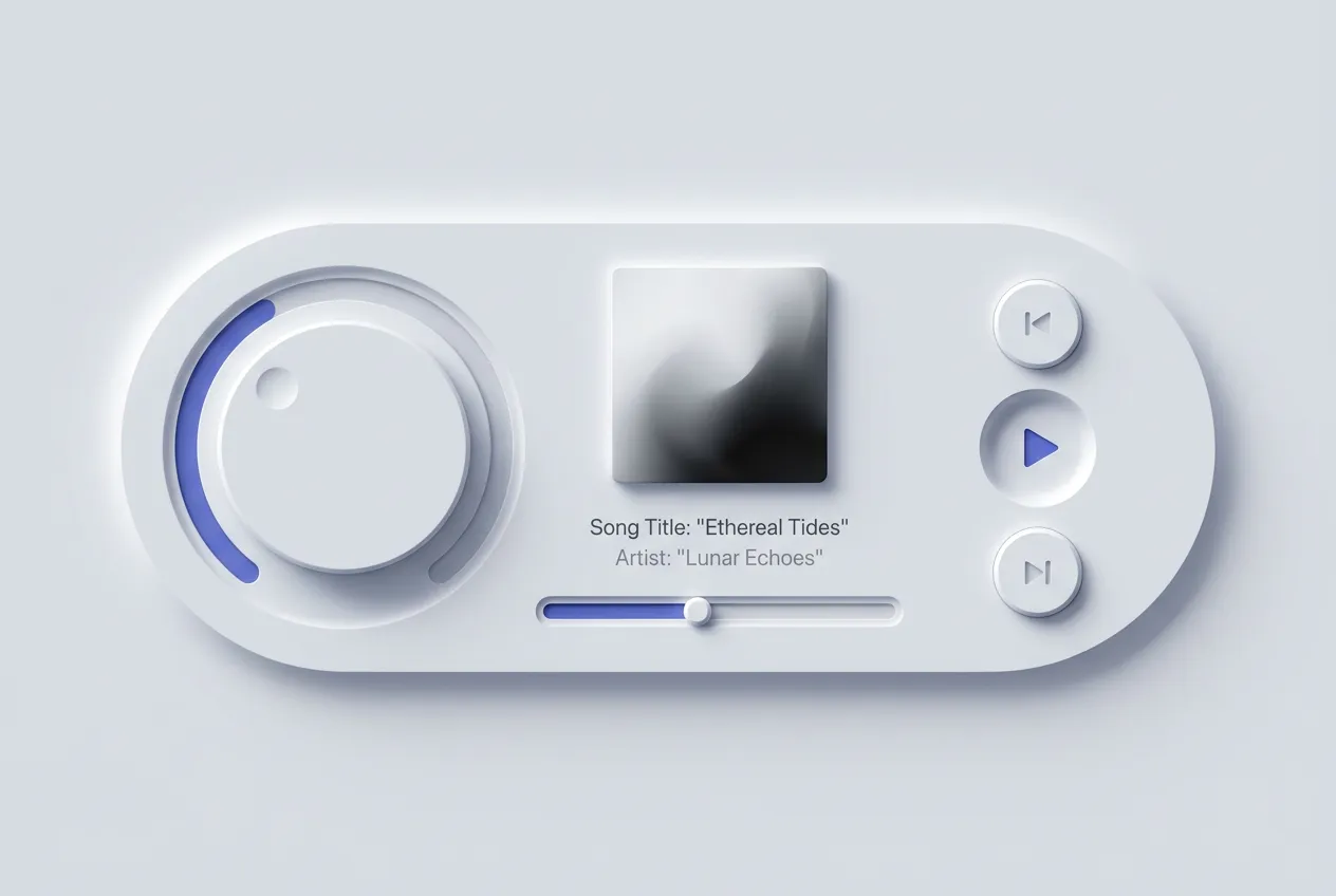 Neumorphism music player with a soft circular dial and pressed transport buttons