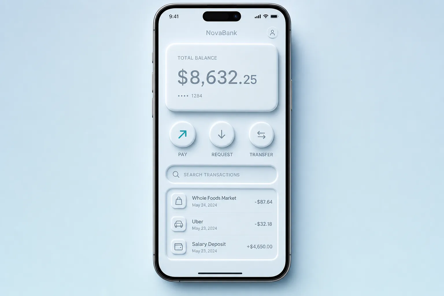Neumorphism banking widget with a monochrome balance card and inset input field