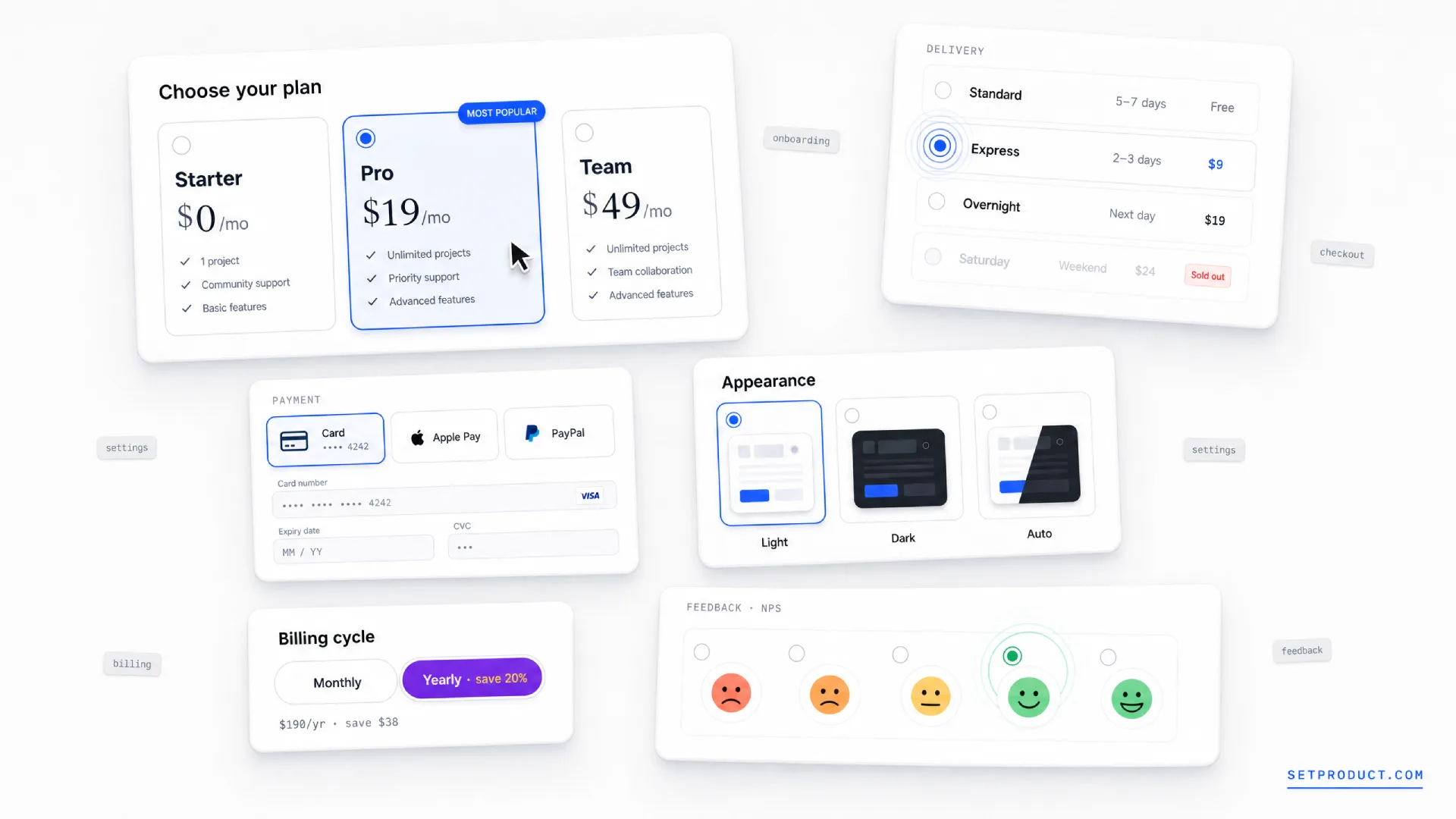 A grid of five real-world radio patterns from SaaS and commerce, a card-based pricing tier selector with a highlighted plan, a checkout shipping list showing standard express and overnight with prices, an onboarding segmentation question with large tappable cards, a settings panel with mutually exclusive layout modes, and a survey rating scale with labeled endpoints