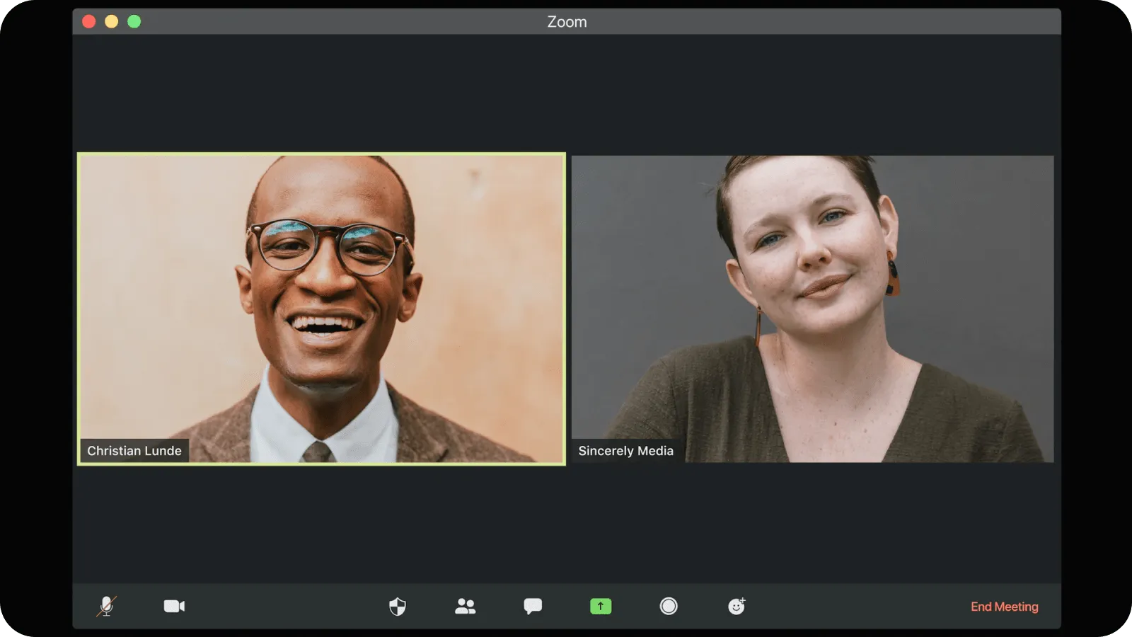 A Zoom call showing two participants side by side on screen