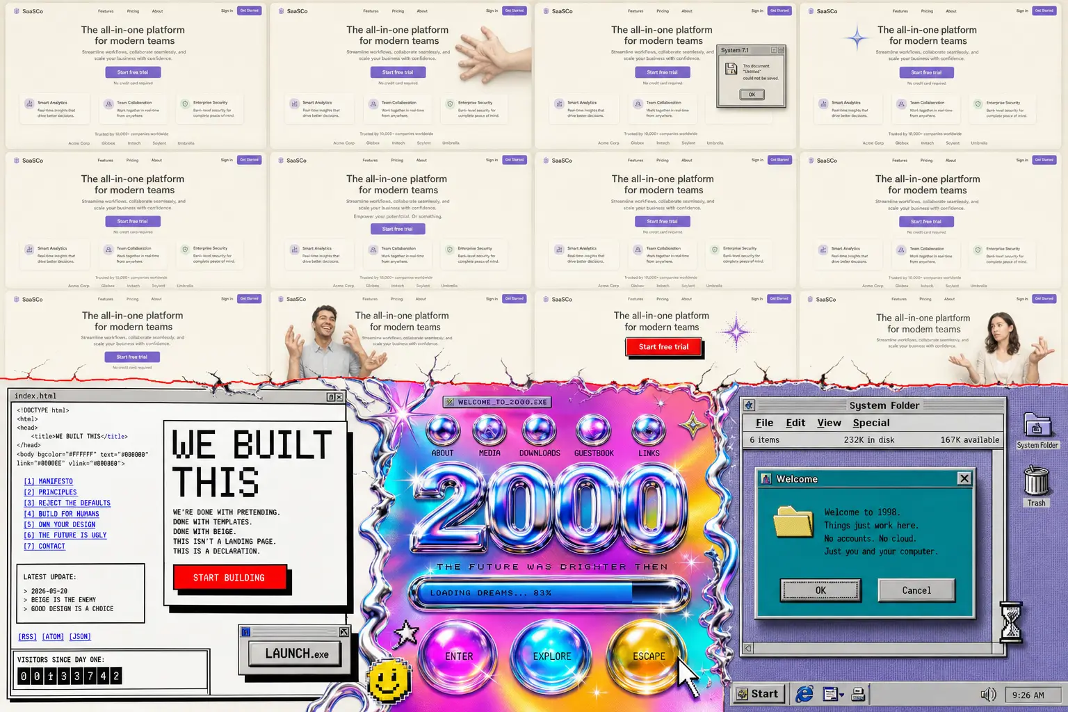 Split screen contrasting a clean minimalist dashboard with a bold brutalist retro interface