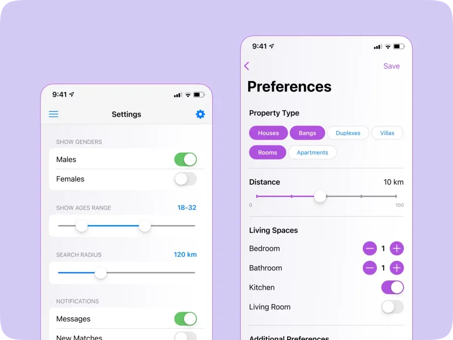 Settings example illustrating sliders