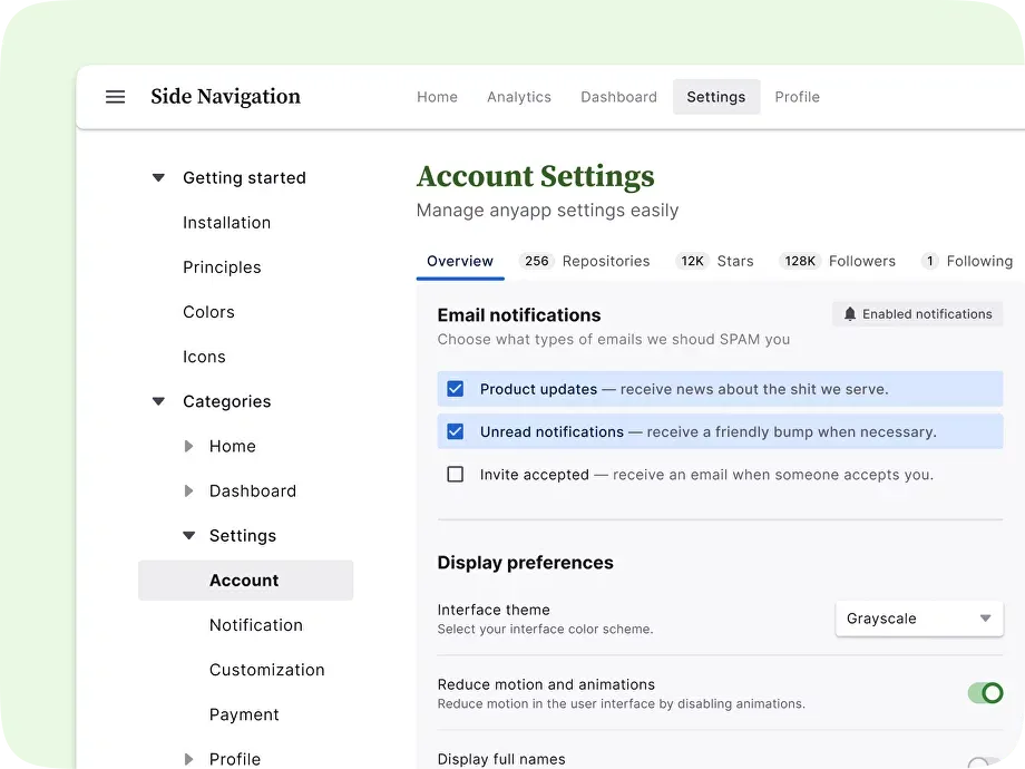 Settings example illustrating side navigation