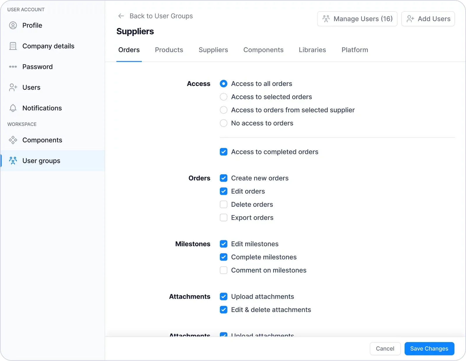 Settings example illustrating project management